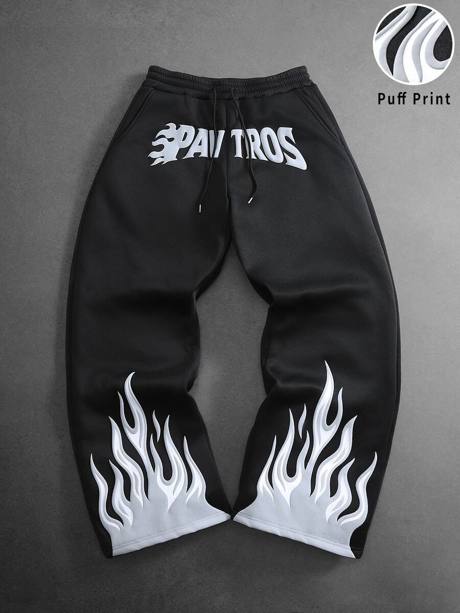 Manfinity Roghcode Men's Autumn/Winter Curved Leg Sweatpants, Flame Puff Print Craft, Millennium Theme Halloween Christmas Gift - Black - View 1