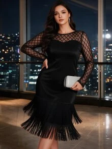 Velvienne Plus Size Women's Round Neck Mesh Patchwork Casual Party Summer Dress - Black - View 1