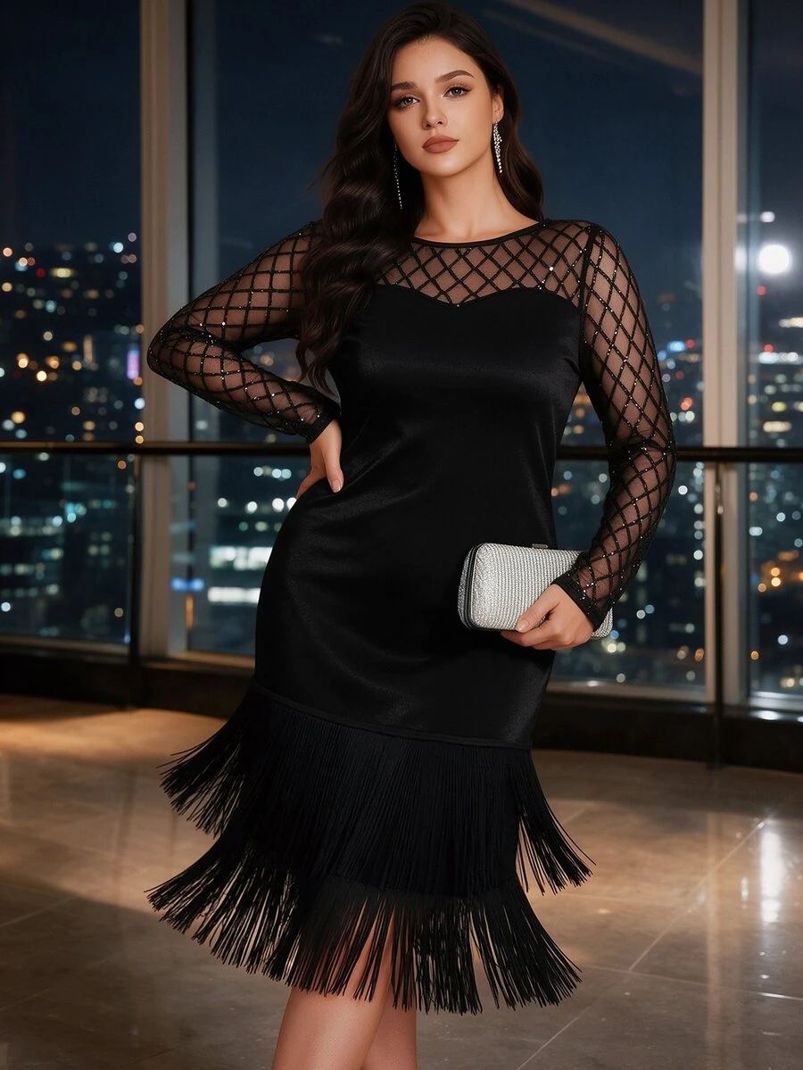 Velvienne Plus Size Women's Round Neck Mesh Patchwork Casual Party Summer Dress - Black - View 1