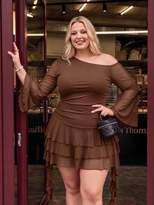 SHEIN MOD Plus Size Women's Solid Slant Shoulder Layered Ruffle Hem Shoulder Dress ,Fall/Winter - Camel - View 6