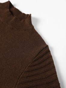 Nubod Plus Size High Neck Lantern Sleeve Ribbed Long Sleeve Sweater & Vertical Stripe Skirt 2 Pieces Set, Autumn/Winter - Brown - View 5