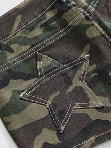 ROMWE Grunge Punk Plus Size Vintage Y2K Women's Camo Denim Shorts With Star Patch Back Pockets - Army Green - View 5