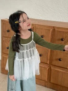 Dazy Kids Young Girl 2-In-1 Faux Layered Patchwork Casual Daily Long Sleeve T-Shirt - Green - View 4