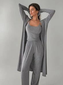 DAZY Women's 3-Piece Loungewear Set Long Sleeve Cardigan, Camisole Top And Casual Pants Pajama - Grey - View 1