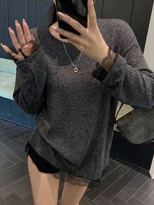 DAZY 女款 2 合 1 蕾絲拼接長袖寬鬆長版 T 恤，春秋服飾 - 黑色 - 查看 6