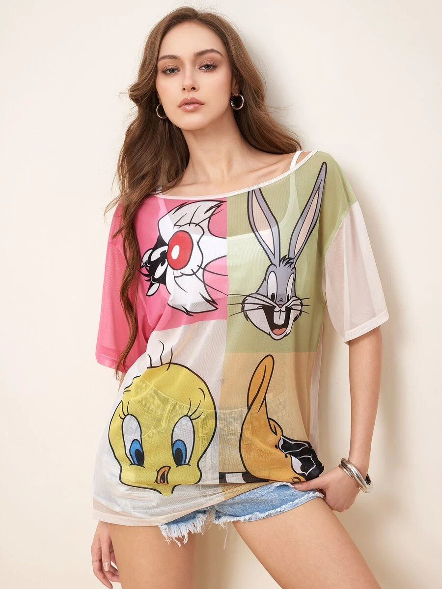 LOONEY TUNES X SHEIN 女款卡通印花休閒日常穿著上衣 - 彩色 - 查看 1