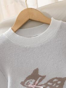 Bộ áo len tay dài trang trí nơ jacquard và chân váy xếp ly dệt kim cho bé gái tuổi teen - Màu Khaki - Xem 4