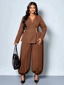 SOLERSUN Plus Size Women's Autumn/Winter Elegant Wrap Metal Single-Breasted V-Neck Blouse With Lantern Wide-Leg Pants - Coffee Brown - View 5