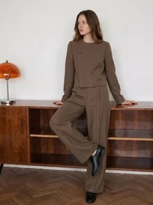 Dazy-Less Women's Solid Color Long Sleeve Top And Pants Casual Daily 2 Pieces Set - Coffee Brown - View 3