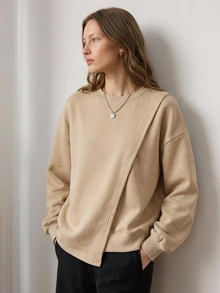Dazy-Less Sweatshirt Lengan Panjang Wanita Warna Polos Kasual Serbaguna untuk Sehari-hari - Khaki - View 3