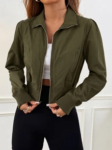 SHEIN EZwear 立領收腰純色拉鍊口袋長袖短夾克 秋冬款 - 軍綠色 - 查看 3