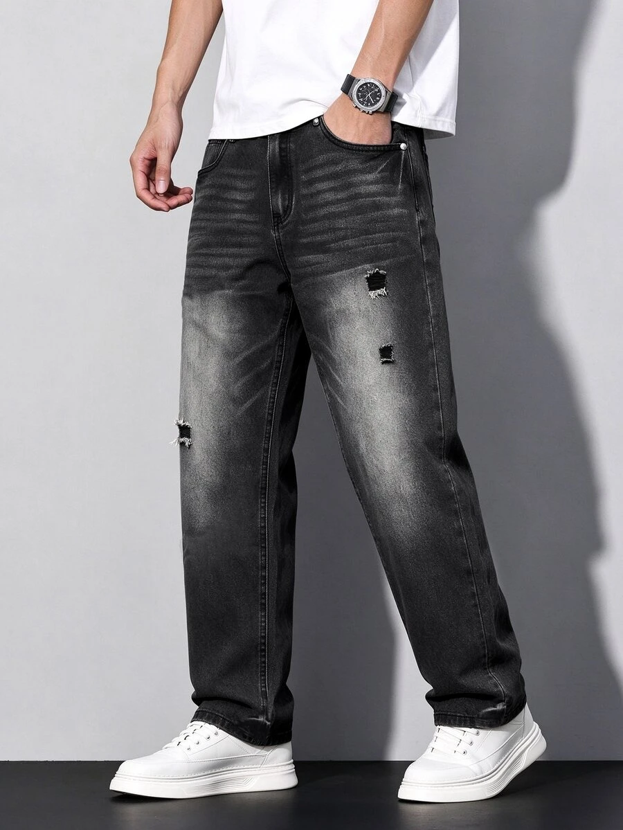 QuarKem Men's Fashion Casual Minimalist Black Washed Denim Straight Leg Pants - Dark Grey - View 1