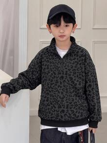 Dazy Kids 青少年男孩休閒寬鬆豹紋 Polo 領運動衫，秋季 - 黑色 - 查看 1