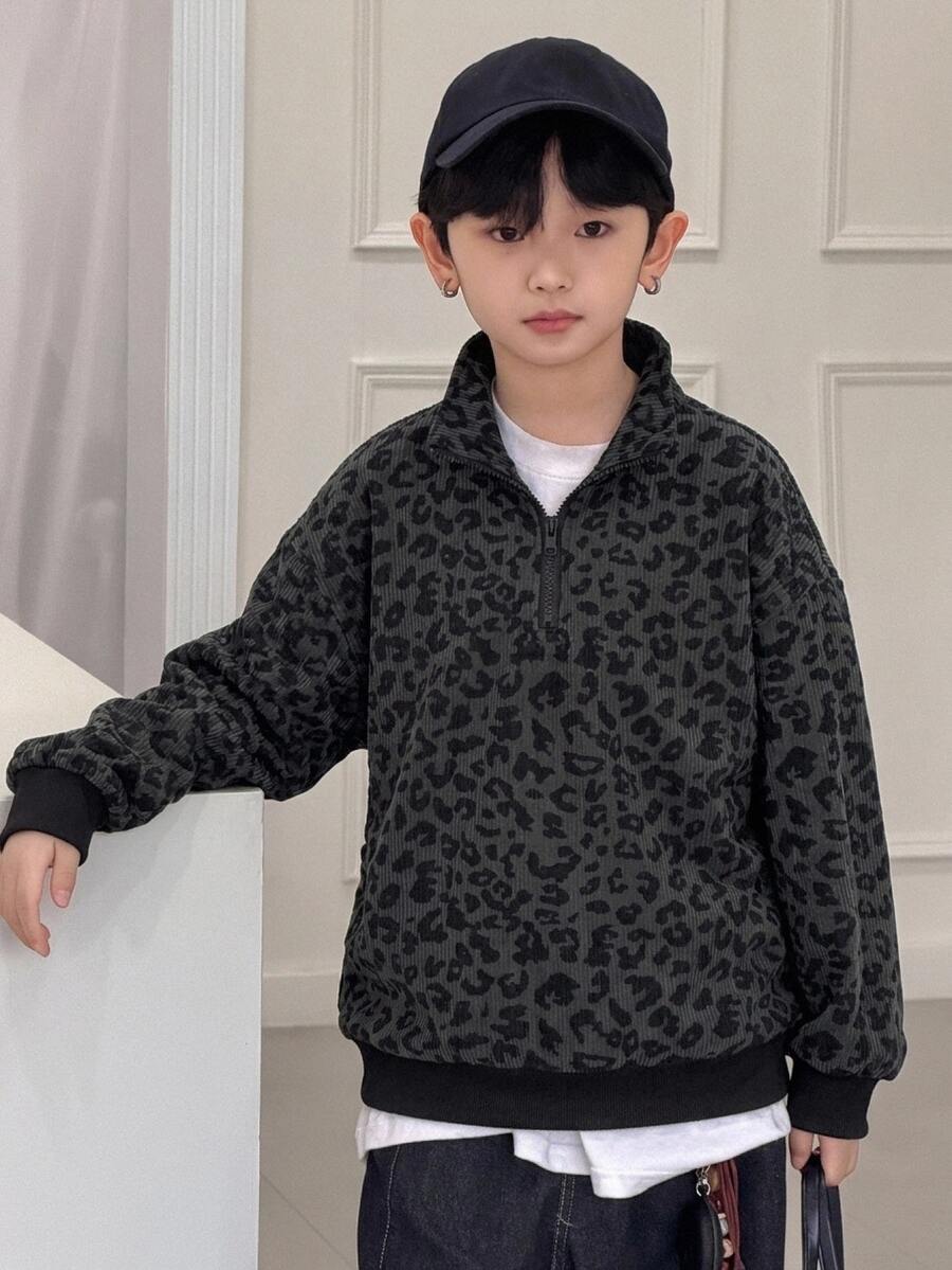 Dazy Kids 青少年男孩休閒寬鬆豹紋 Polo 領運動衫,秋季 - 黑色 - 查看 1