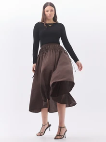 KÆRIA Hus Drawstring Waist Midi Skirt - Fluid Textured Lyocell - Chocolate - Transeasonal, Effortless Layering - Brown - View 6