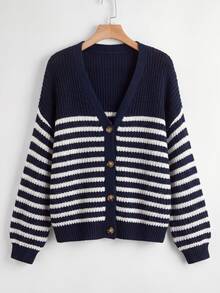 Linhara CURVE Plus Size Women's Black Cardigan,Striped V-Neck Single-Breasted Long Sleeve Knitted Sweater,Fall Winter Everyday Casual Versatile Commuter Fall Cloth - Multicolor - View 5