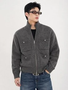 DAZY Spring/Autumn Dark Gray Pocket Cardigan For Men - Dark Grey - View 8