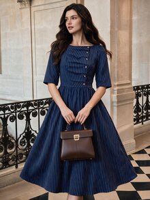 Vintamour Đầm nữ thanh lịch phối màu khối kẻ sọc cài nút - Màu xanh hải quân - Xem 3
