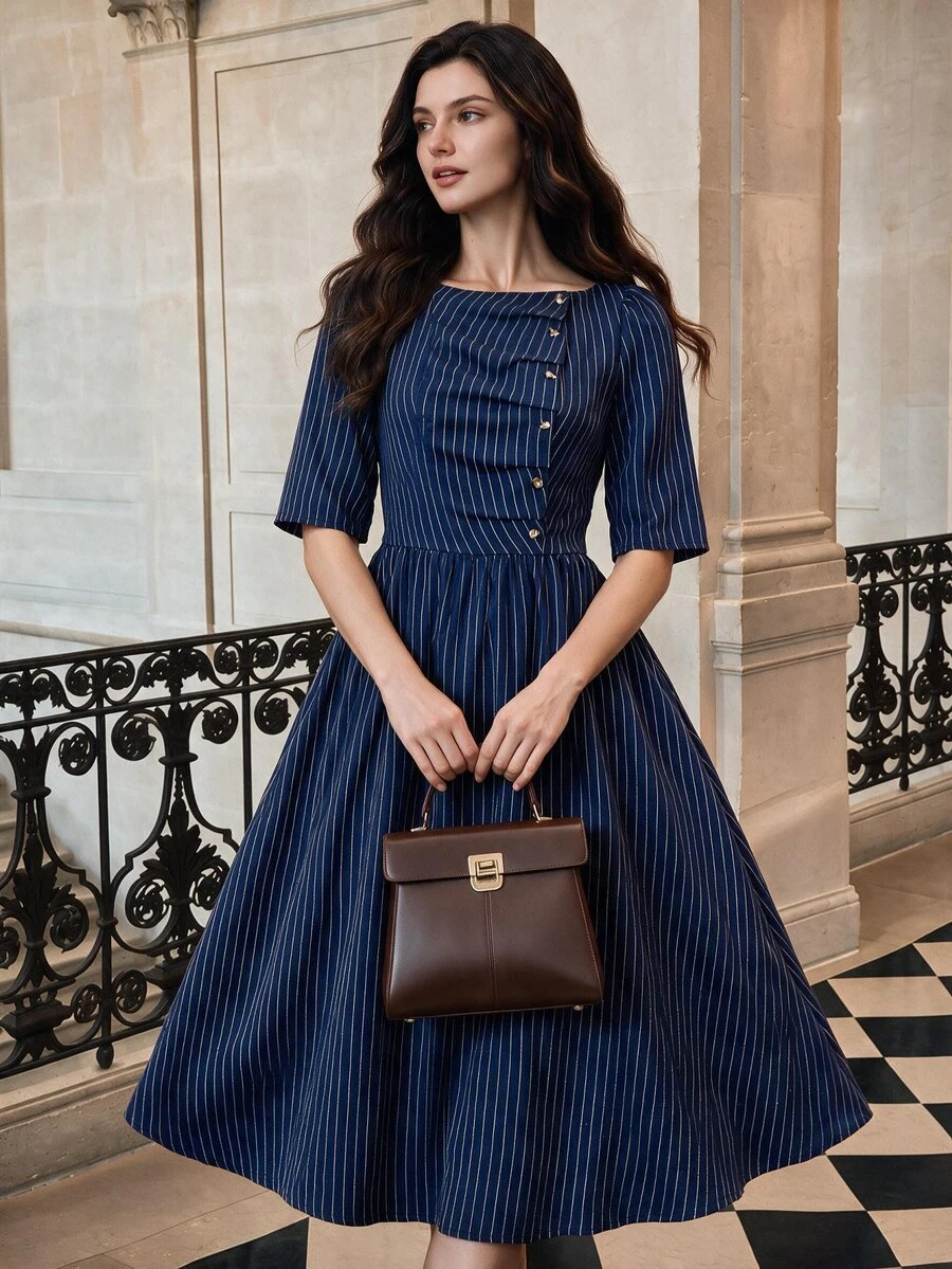 Vintamour Women's Elegant Striped Colorblock Button Dress - Navy Blue - View 1
