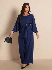 Elaquor Plus Size Metal Decor Shirt And Loose Pants 2 Pieces Set - Navy Blue - View 5