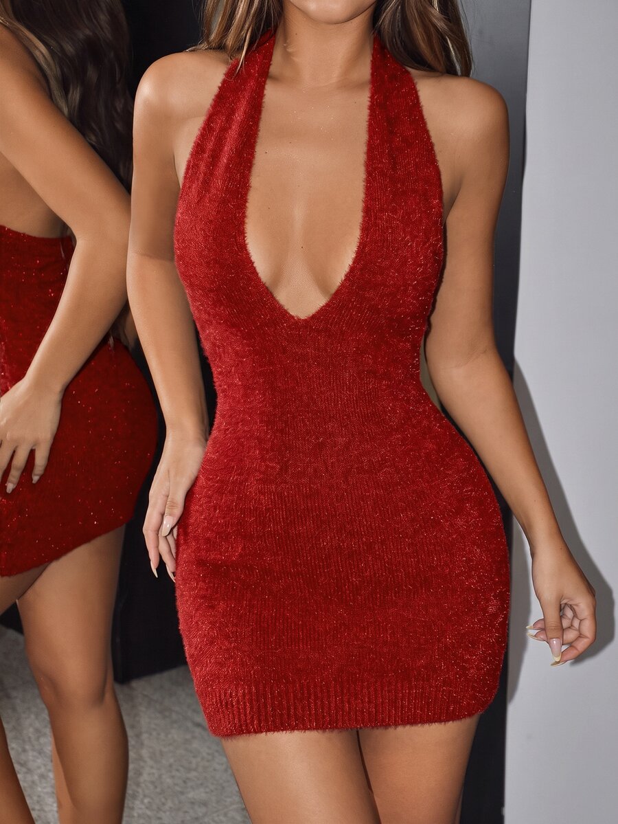 SHEIN ICON Women's Deep V-Neck Fashion Date Party Summer Halter Dress - Burgundy - View 1