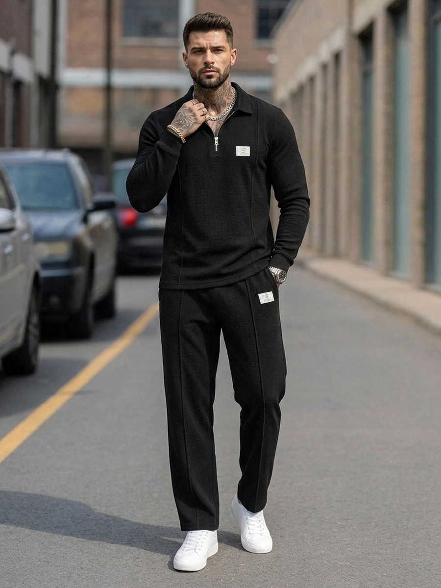 DAZY Men's Half-Zip Pullover Sweatshirt And Pants Set, Spring/Autumn - Black - View 1