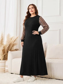 Seusyu Plus Size Women's Black Knit Textured Striped Long Sleeve Digital Print A-Line Elegant Romantic Dress - Multicolor - View 4