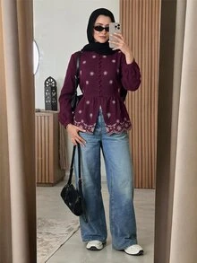Feyla Women's Floral Embroidered Pattern Casual Daily Wear Shirt - Burgundy - View 7