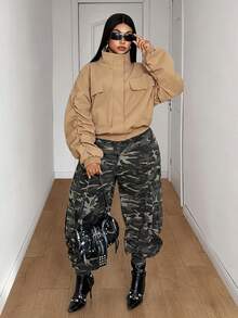 Maweii Plus Size American Style Short Khaki Casual Streetwear Utility Jacket - Khaki - View 3