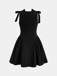 SHEIN Pitira 青少年女孩洋紅色純色蝴蝶結裝飾優雅公主洋裝，適合儀式、返校季 - 黑色 - 查看 2