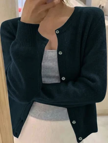 INAWLY 春秋款純色鈕扣開襟針織外套，長袖女款秋冬上衣 - 墨綠色 - 查看 4