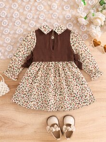 SHEIN Baby Girl Floral Bow Long Sleeve Colorblock Collar Dress - Brown - View 2
