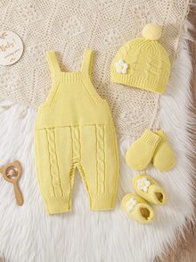 SHEIN Baby Girl Ribbed Knit Jumpsuit & Hat Without Tee Autumn Winter - Yellow - View 2