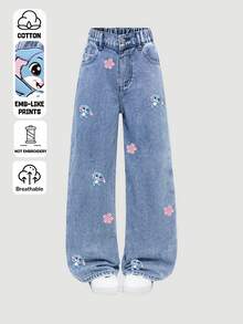 Tween Girl New Casual Fashion Minimalist Versatile All-Season Medium Blue Washed Denim Classic 5-Pocket Straight Leg Wide Leg Jeans With Faux Embroidery Rabbit Digital Print Design, Cotton Soft Loose Fit, Suitable For Daily Wear And Vacation - Medium Wash - View 1