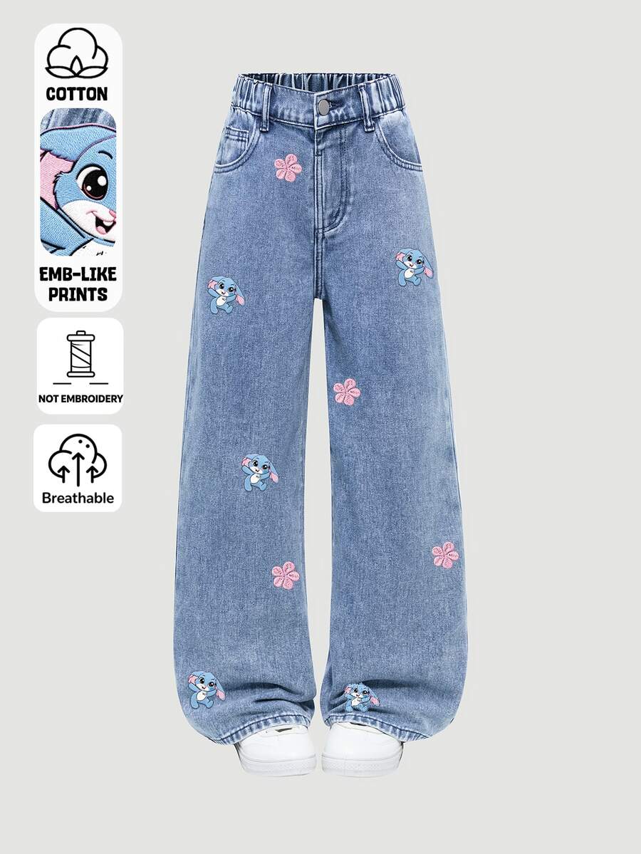 Tween Girl New Casual Fashion Minimalist Versatile All-Season Medium Blue Washed Denim Classic 5-Pocket Straight Leg Wide Leg Jeans With Faux Embroidery Rabbit Digital Print Design, Cotton Soft Loose Fit, Suitable For Daily Wear And Vacation - Medium Wash - View 1