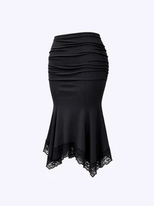 Sweetra Women's Plus Size Mermaid Tail Lace Patchwork Skirt, Suitable For Night Out, Holiday, Home, Daily, Birthday Party, Date - Black - View 3