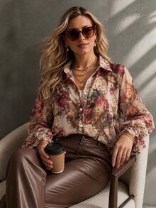 Ceyna Plus Size Autumn/Winter New Rose Peony Floral Pattern Chiffon Fabric Long Sleeve Valentine's Day Party Blouse - Multicolor - View 8