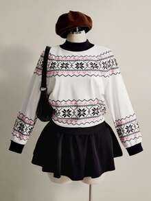 SHEIN ICON Plus Size Y2K Vintage Fair Isle Colorblock Sweatshirt, Christmas Casual Retro Sweatshirt - Black and White - View 1