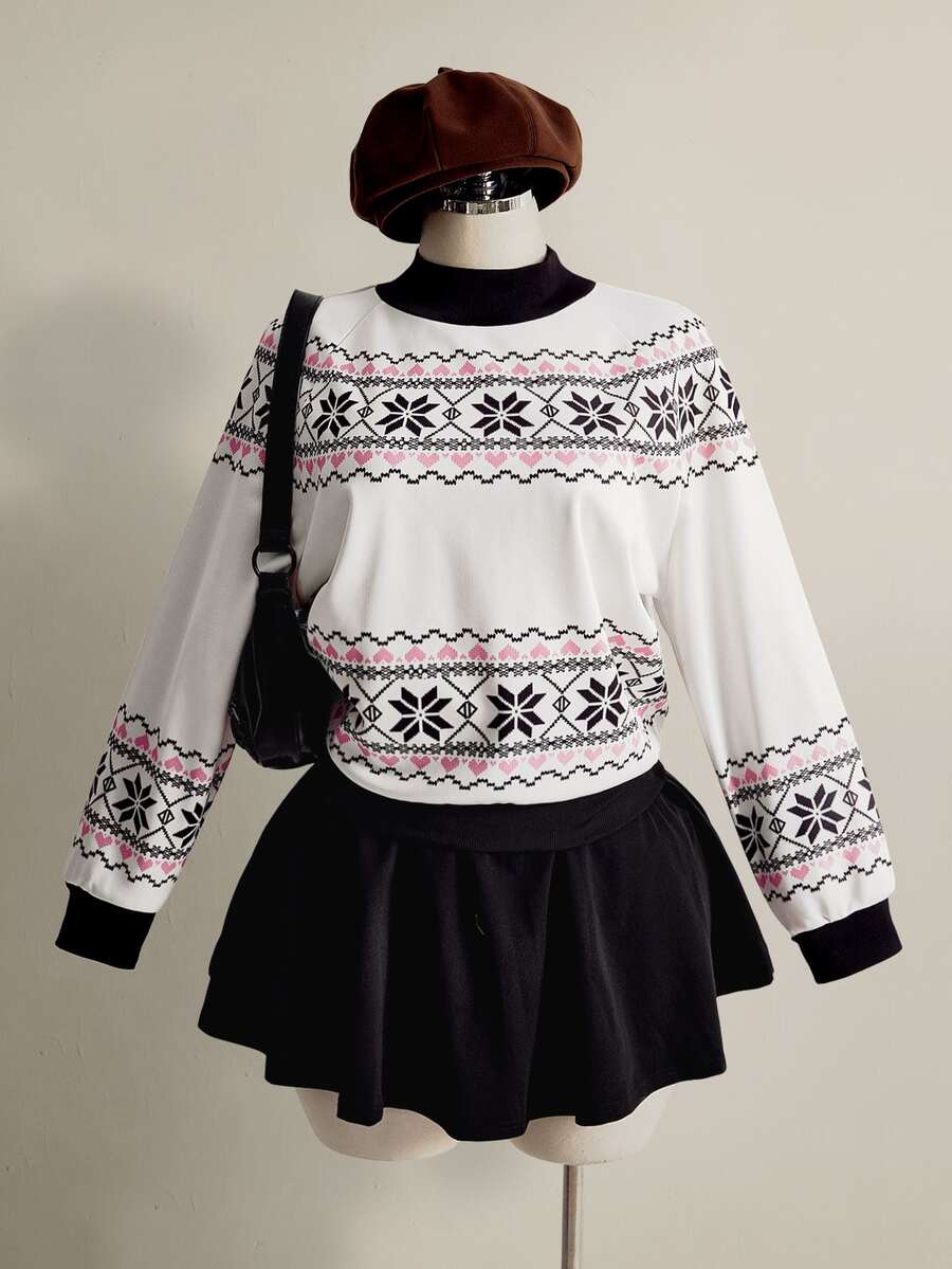 SHEIN ICON Plus Size Y2K Vintage Fair Isle Colorblock Sweatshirt, Christmas Casual Retro Sweatshirt - Black and White - View 1