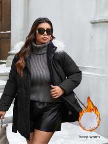 Easura Plus Size Warm Faux Fur Patchwork Hooded Padded Coat With Pockets - Black - View 7