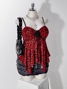 SHEIN ICON 女款大尺碼復古性感休閒千禧風 Y2K 龐克時尚個性玫瑰紅豹紋不對稱下擺抽褶綁帶背心 - 紅色 - 查看 7