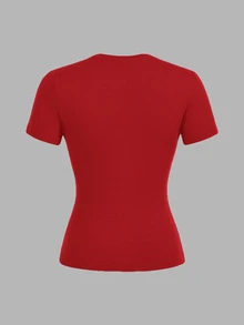 SHEIN EZwear 休閒極簡風 2件組 基本款黑色與紅色圓領短袖內搭衫，適合春夏秋季 - 彩色 - 查看 4