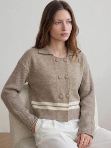Dazy-Less Women's Autumn/Winter Coffee Brown Round Neck Button Cable Knit Long Sleeve Slim Fit Ribbed Cardigan - Coffee Brown - View 4