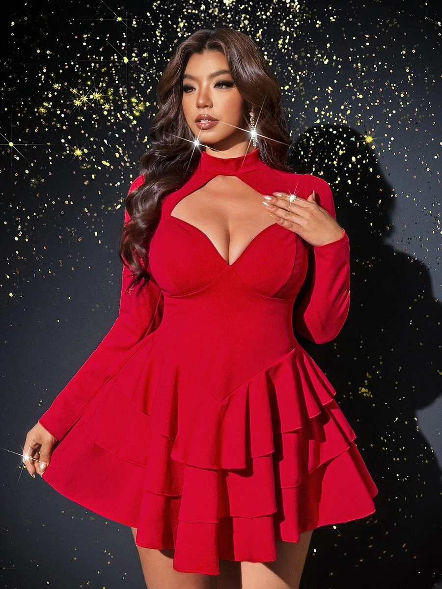 Viva Relle Plus-Size Sexy Red Lace-Up Dress - Red - View 1