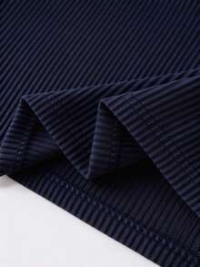 GlowEve CURVE Plus Size Women Navy Blue Ribbed Knit Round Neck Metal Button Short Sleeve Top & Elastic Waist Wide Leg Pants 2 Pieces Set,Daily Casual Matching Outfit - Royal Blue - View 3