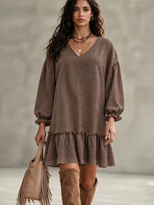 LanaWest CURVE Plus Size Korean Style V-Neck Ruffle Hem Dress - Brown - View 4