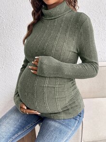 SHEIN 孕婦極簡休閒高領長袖修身T恤，秋季款 - 軍綠色 - 查看 6