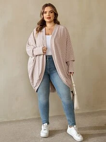 SHEIN CURVE+ Plus Size Women Casual Loose Striped Knit Cardigan Jacket - Apricot - View 5