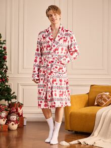 Notgurli Men's Christmas Reindeer Print Flannel Robe, Thickened Lapel Tie Long Bathrobe For Autumn/Winter - White - View 3