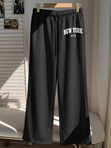 SHEIN EZwear 女款休閒低腰寬腿運動長褲，保暖內裡運動長褲，女款秋冬服飾 - 黑色 - 查看 4